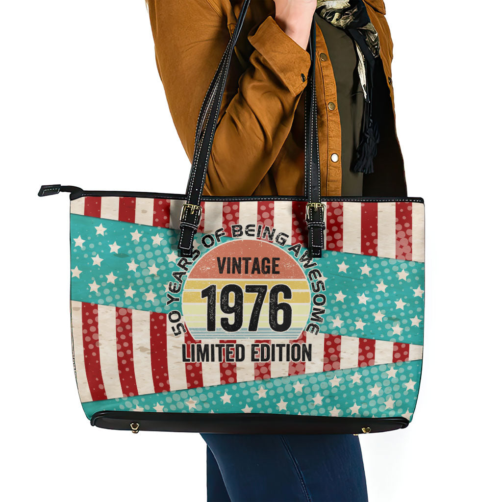 America Vintage 1976 50th Birthday Leather Tote Bag Retro Sunset Patriotic