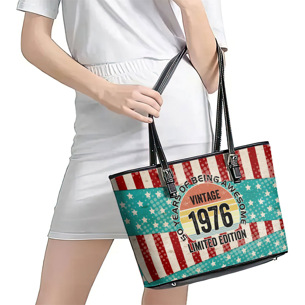 America Vintage 1976 50th Birthday Leather Tote Bag Retro Sunset Patriotic