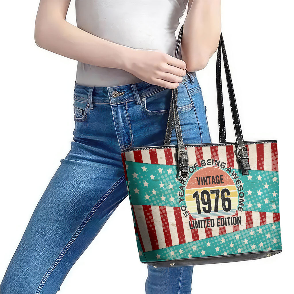America Vintage 1976 50th Birthday Leather Tote Bag Retro Sunset Patriotic