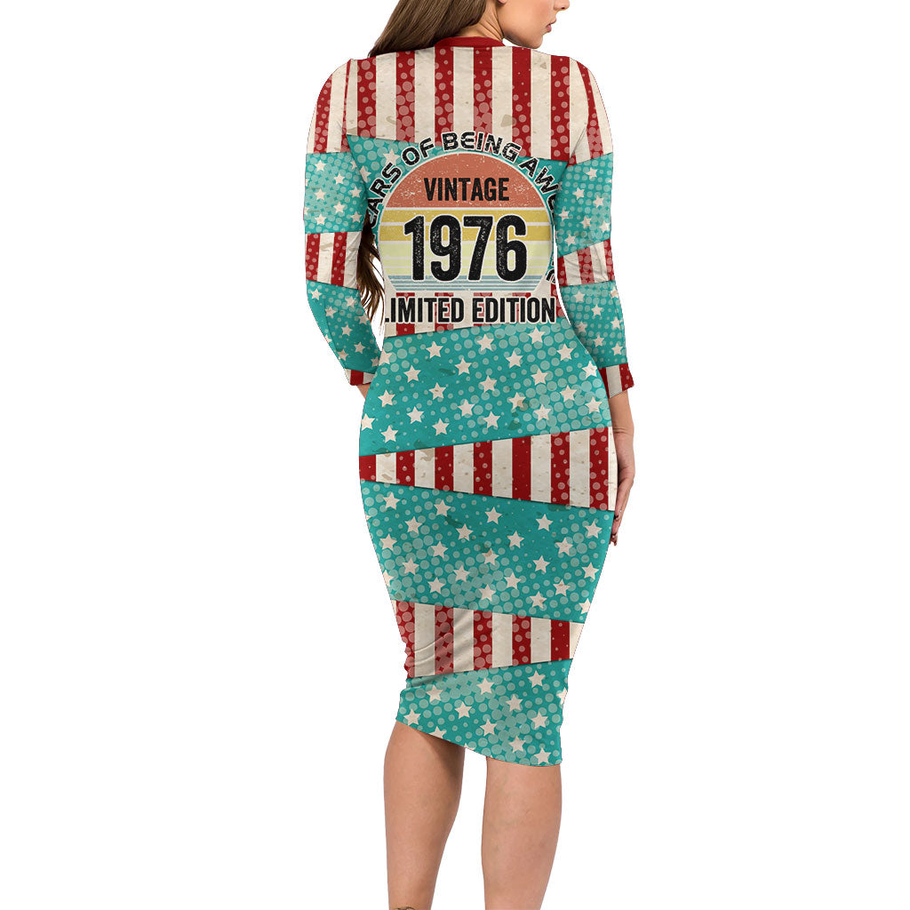 America Vintage 1976 50th Birthday Long Sleeve Bodycon Dress Retro Sunset Patriotic