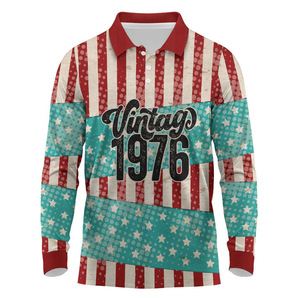 America Vintage 1976 50th Birthday Long Sleeve Polo Shirt Retro Sunset Patriotic