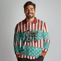 America Vintage 1976 50th Birthday Long Sleeve Polo Shirt Retro Sunset Patriotic