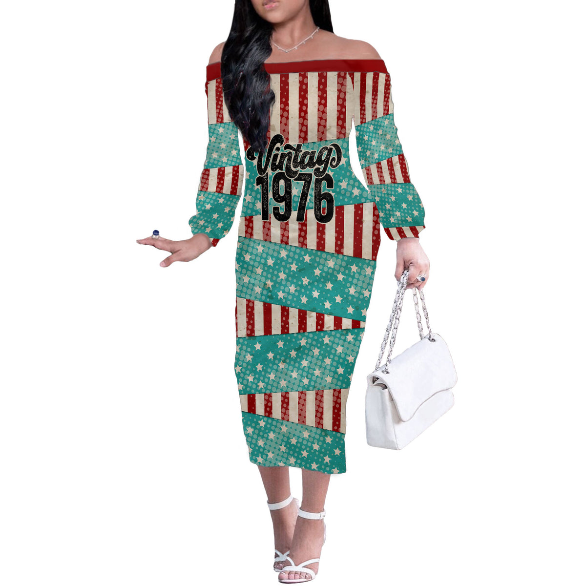 America Vintage 1976 50th Birthday Off The Shoulder Long Sleeve Dress Retro Sunset Patriotic