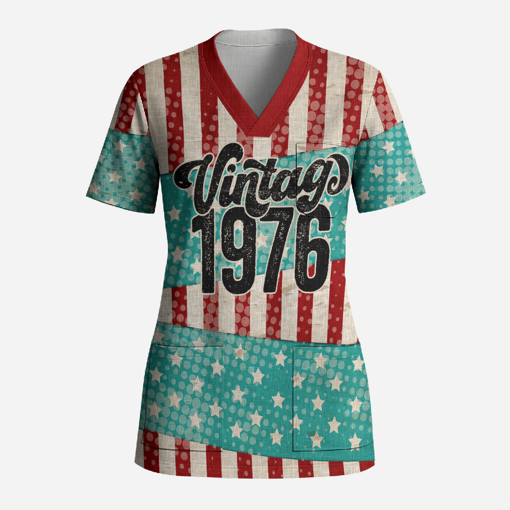 America Vintage 1976 50th Birthday Scrub Top Retro Sunset Patriotic