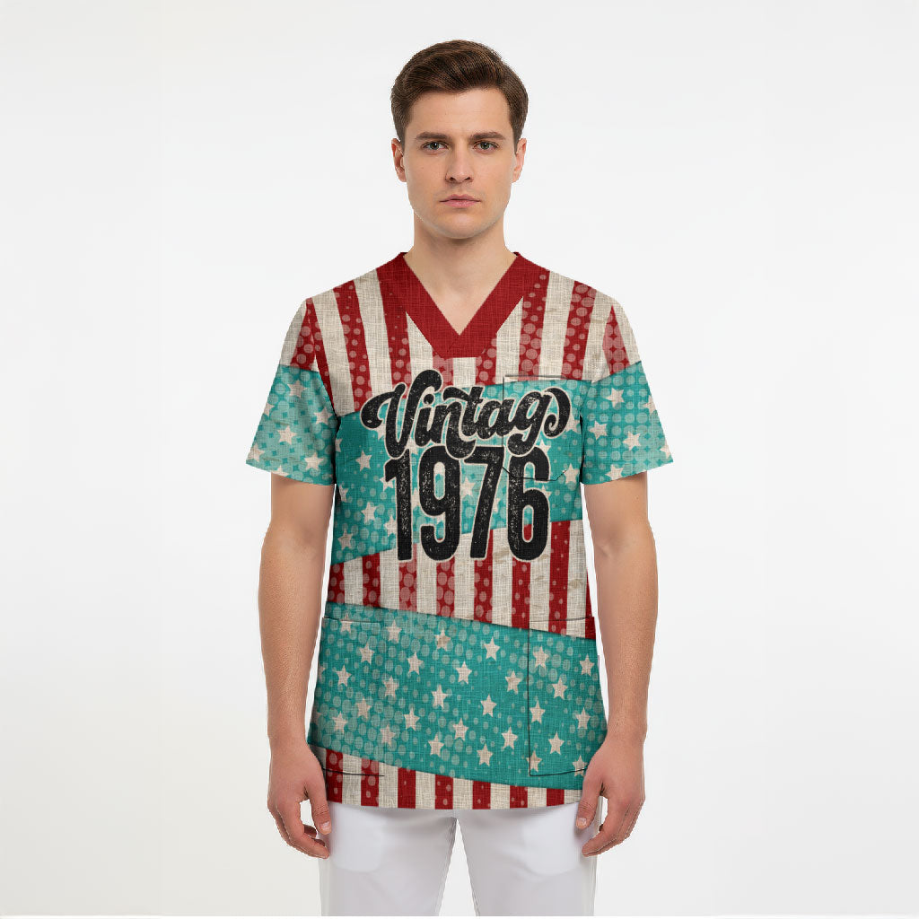 America Vintage 1976 50th Birthday Scrub Top Retro Sunset Patriotic