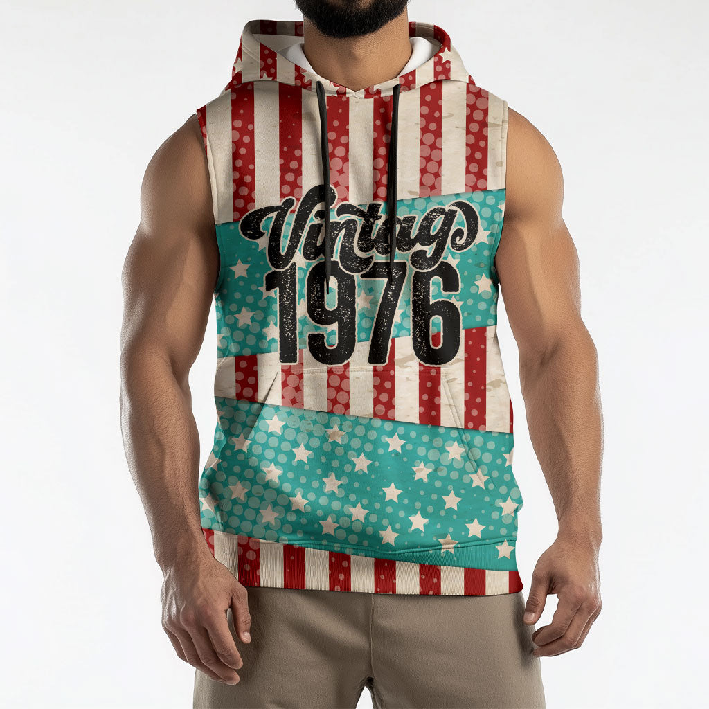 America Vintage 1976 50th Birthday Sleeveless Hoodie Retro Sunset Patriotic