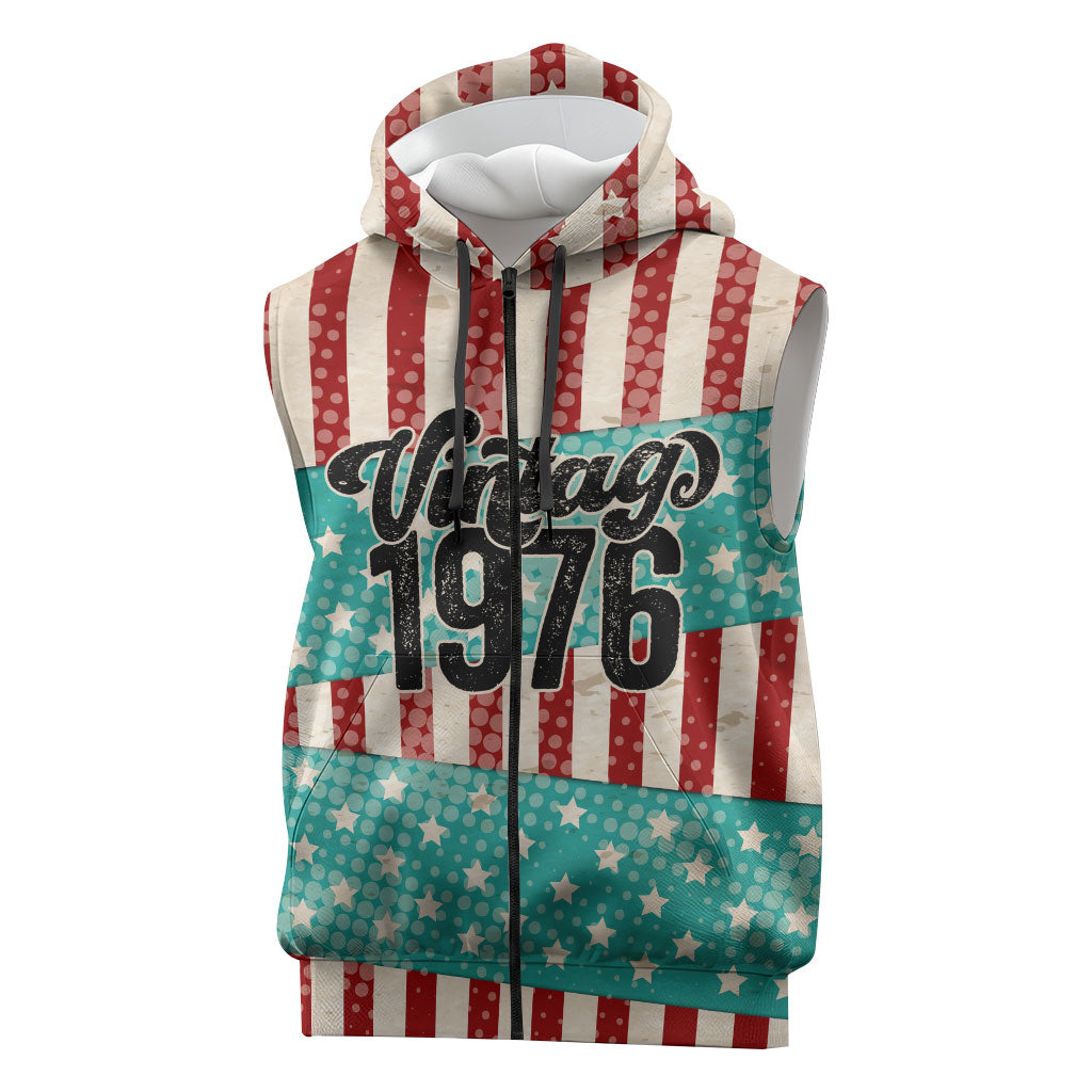 America Vintage 1976 50th Birthday Sleeveless Zip Hoodie Retro Sunset Patriotic