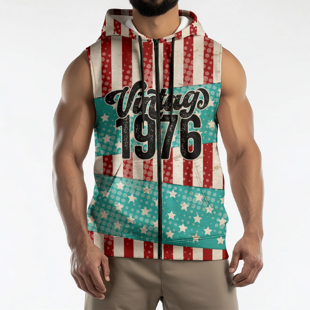 America Vintage 1976 50th Birthday Sleeveless Zip Hoodie Retro Sunset Patriotic