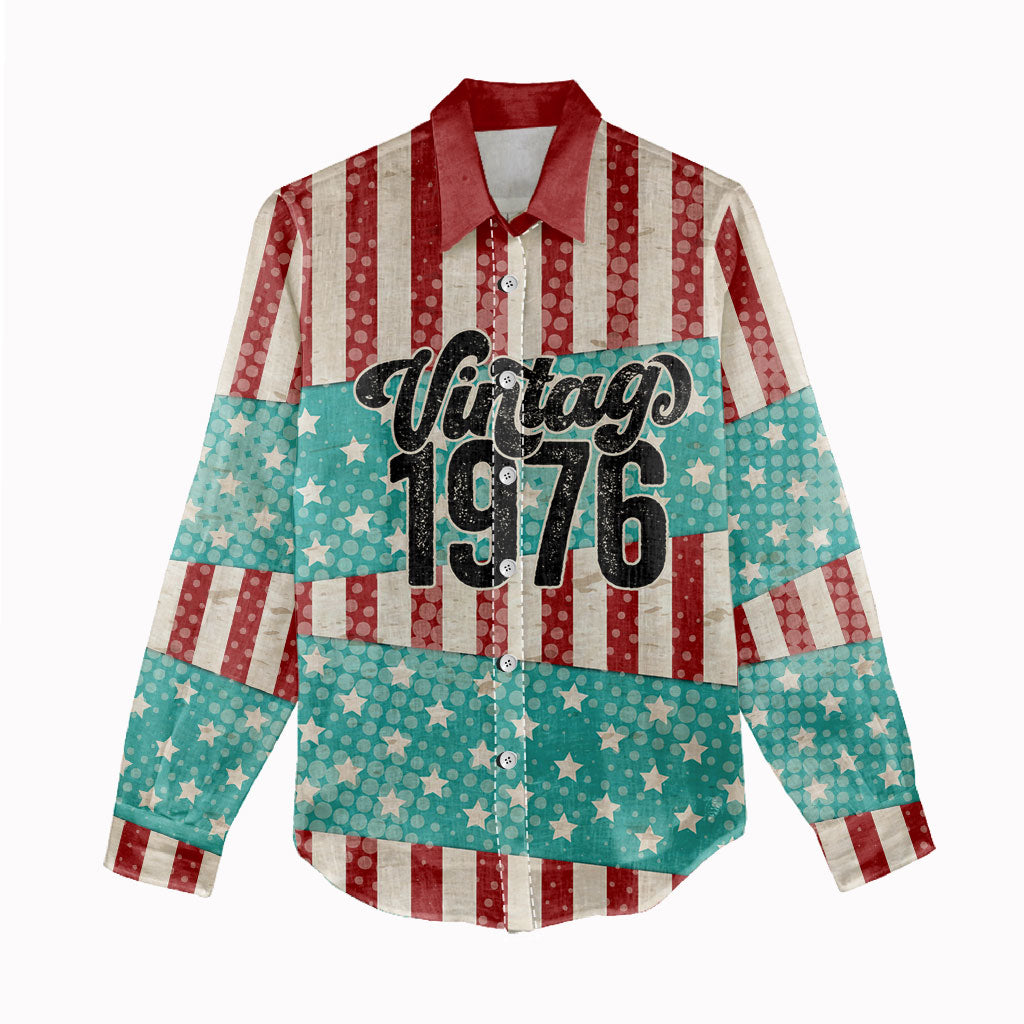 America Vintage 1976 50th Birthday Women Casual Shirt Retro Sunset Patriotic
