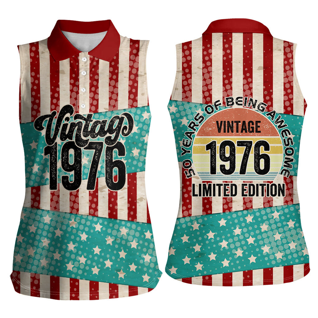 America Vintage 1976 50th Birthday Women Sleeveless Polo Shirt Retro Sunset Patriotic