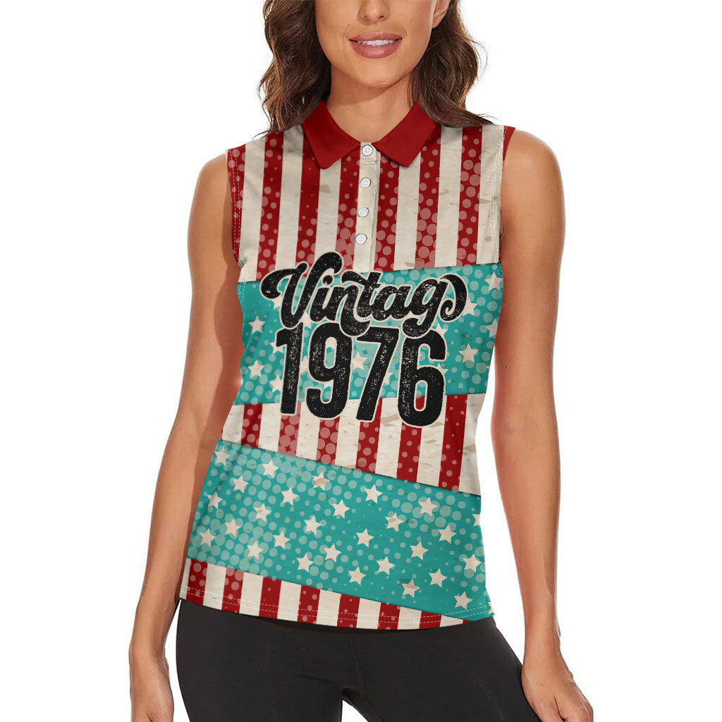 America Vintage 1976 50th Birthday Women Sleeveless Polo Shirt Retro Sunset Patriotic