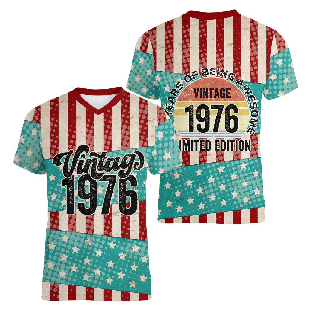 America Vintage 1976 50th Birthday Women V-Neck T-Shirt Retro Sunset Patriotic
