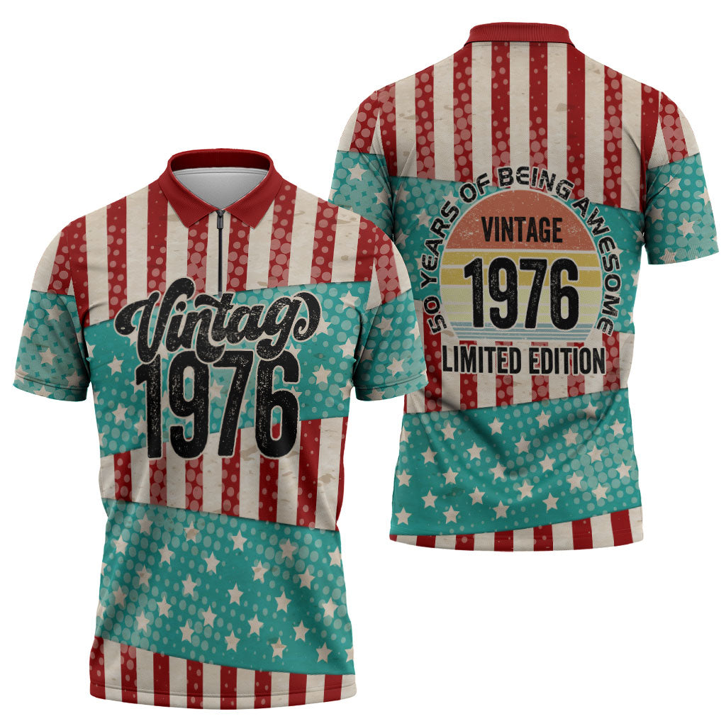 America Vintage 1976 50th Birthday Zipper Polo Shirt Retro Sunset Patriotic
