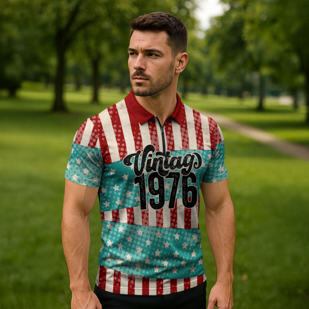 America Vintage 1976 50th Birthday Zipper Polo Shirt Retro Sunset Patriotic