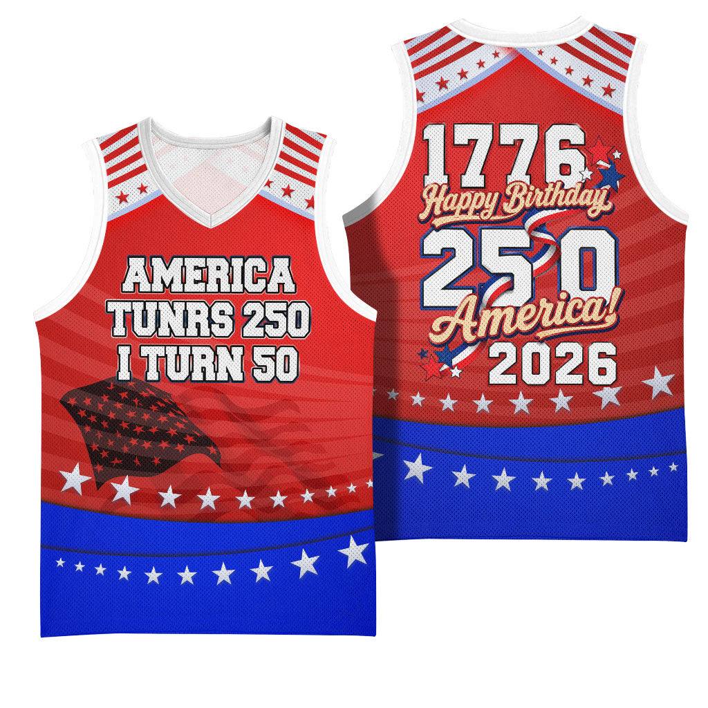 America Turns 250 I Turn 50 Basketball Jersey Patriotic Eagle Flag Birthday Stars Stripes