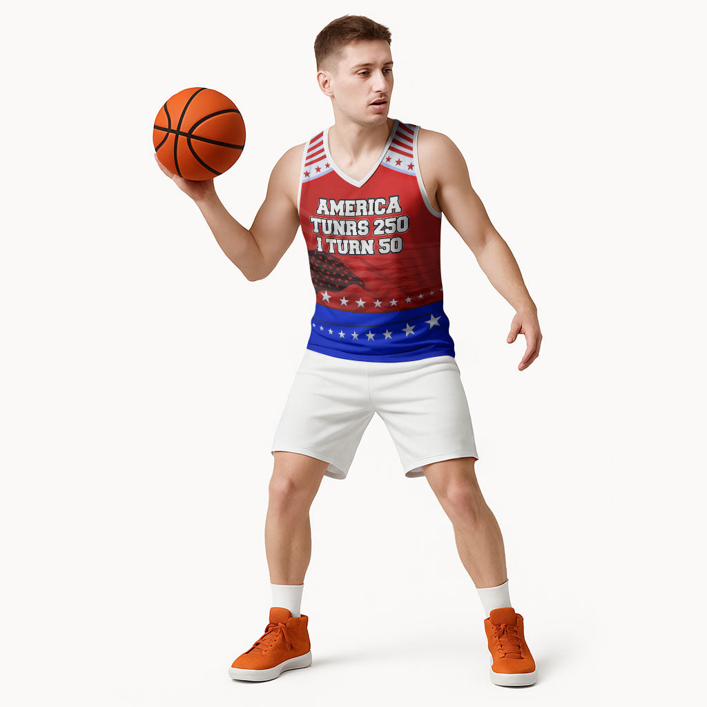 America Turns 250 I Turn 50 Basketball Jersey Patriotic Eagle Flag Birthday Stars Stripes