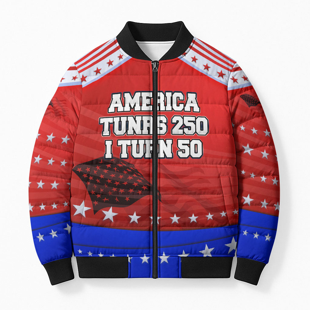America Turns 250 I Turn 50 Bomber Puffer Jacket Patriotic Eagle Flag Birthday Stars Stripes