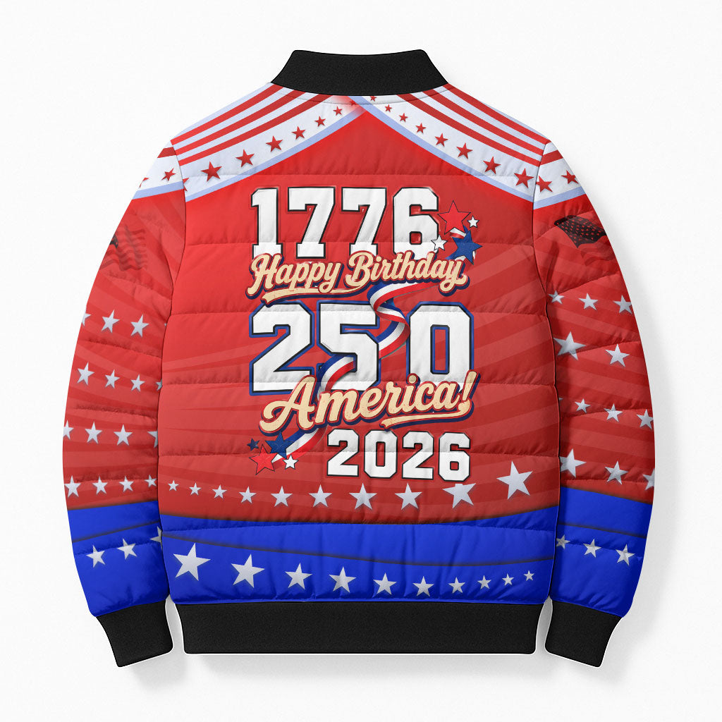 America Turns 250 I Turn 50 Bomber Puffer Jacket Patriotic Eagle Flag Birthday Stars Stripes