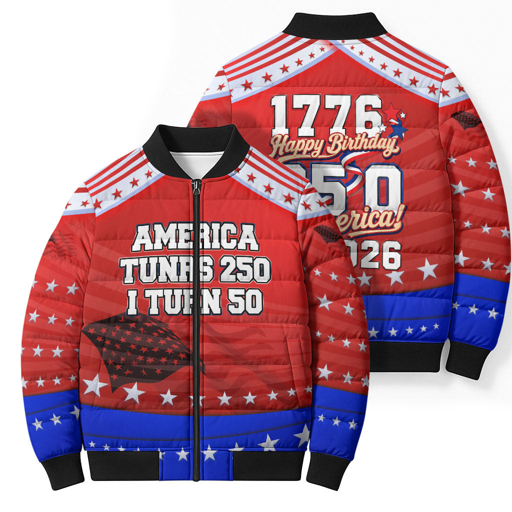 America Turns 250 I Turn 50 Bomber Puffer Jacket Patriotic Eagle Flag Birthday Stars Stripes