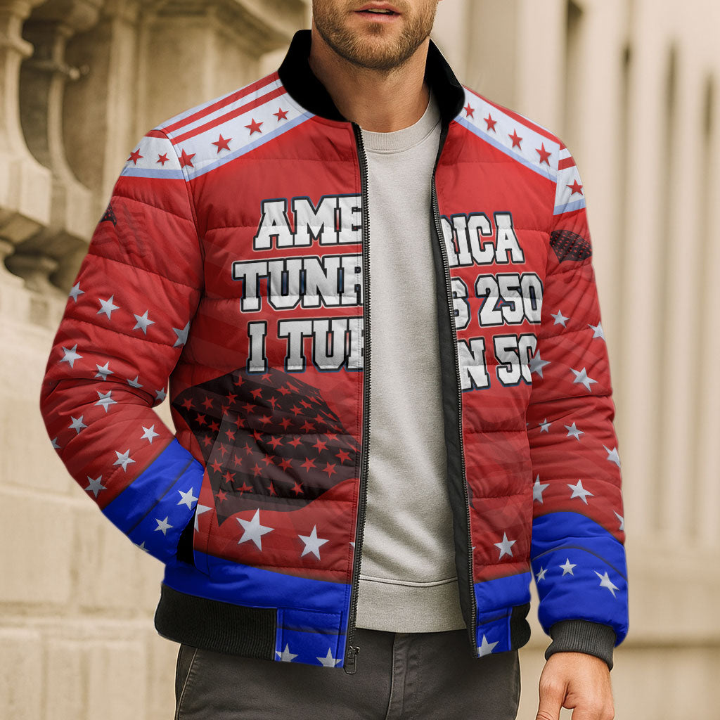 America Turns 250 I Turn 50 Bomber Puffer Jacket Patriotic Eagle Flag Birthday Stars Stripes