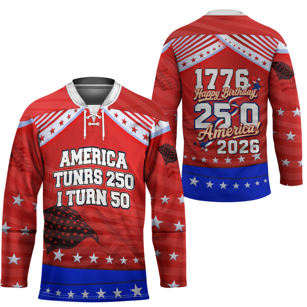 America Turns 250 I Turn 50 Hockey Jersey Patriotic Eagle Flag Birthday Stars Stripes