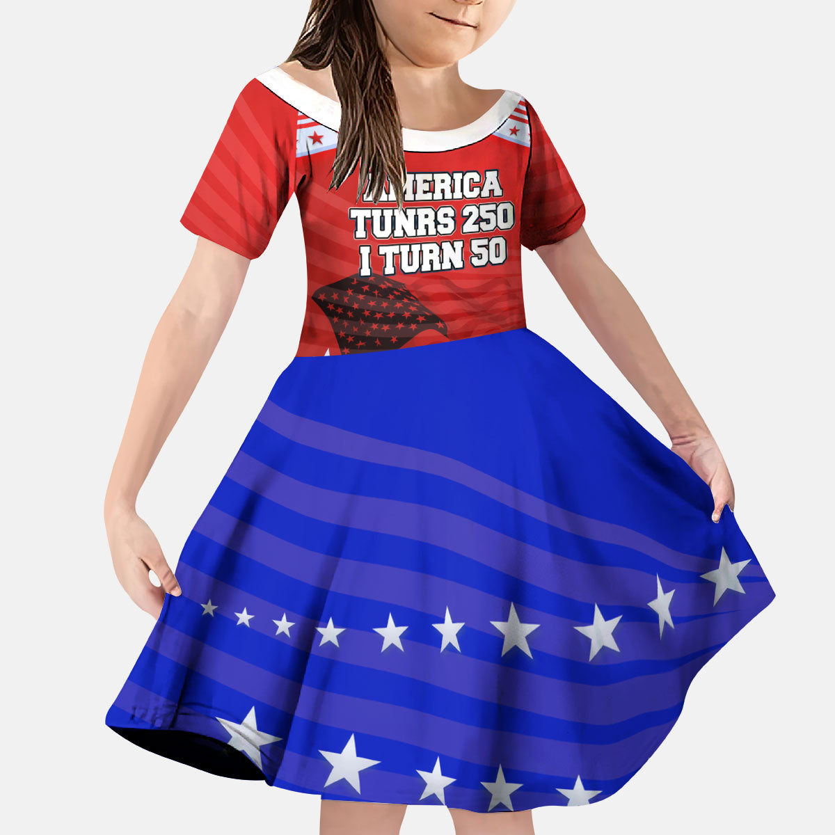 America Turns 250 I Turn 50 Kid Short Sleeve Dress Patriotic Eagle Flag Birthday Stars Stripes