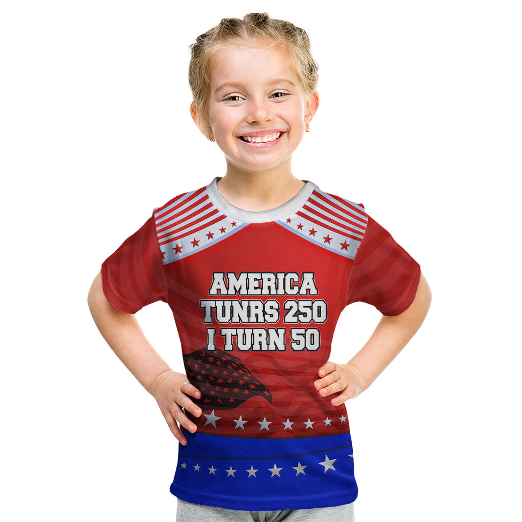 America Turns 250 I Turn 50 Kid T Shirt Patriotic Eagle Flag Birthday Stars Stripes