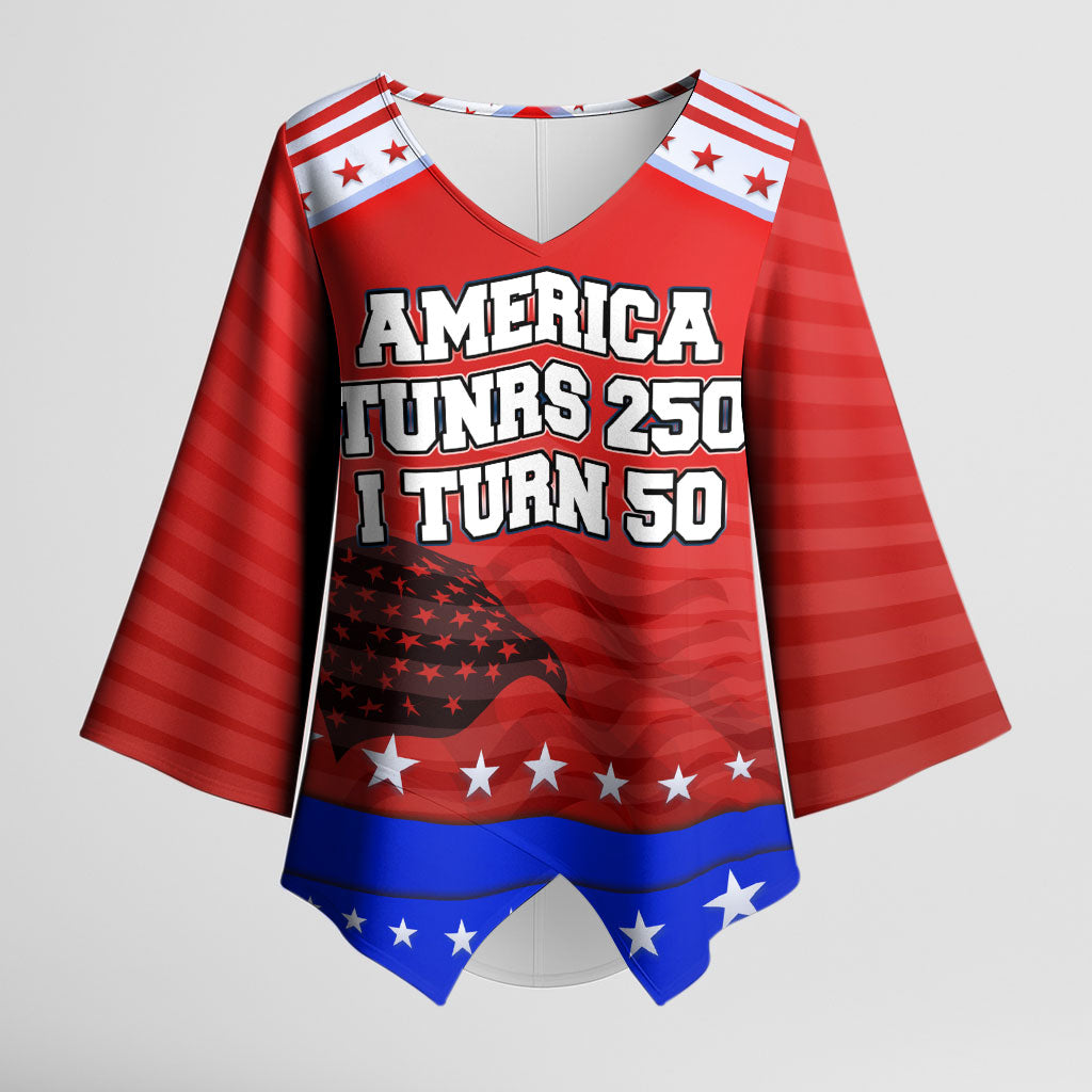 America Turns 250 I Turn 50 Kimono Sleeve Blouse Patriotic Eagle Flag Birthday Stars Stripes