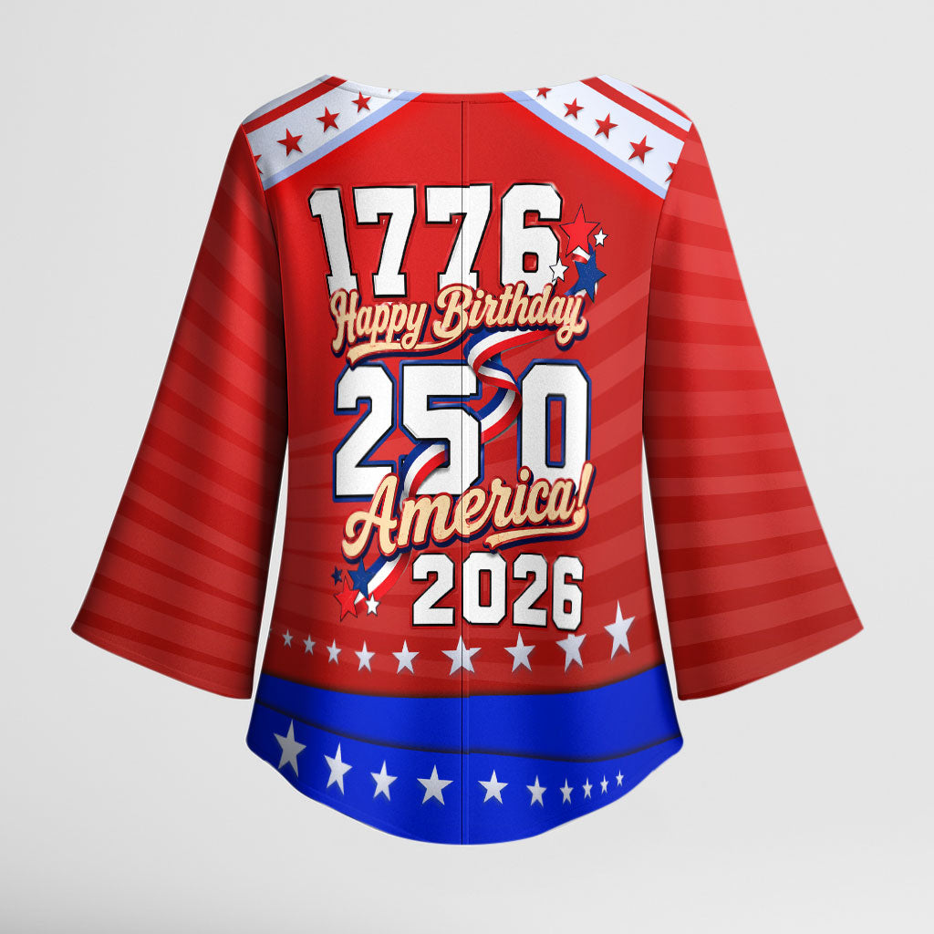 America Turns 250 I Turn 50 Kimono Sleeve Blouse Patriotic Eagle Flag Birthday Stars Stripes