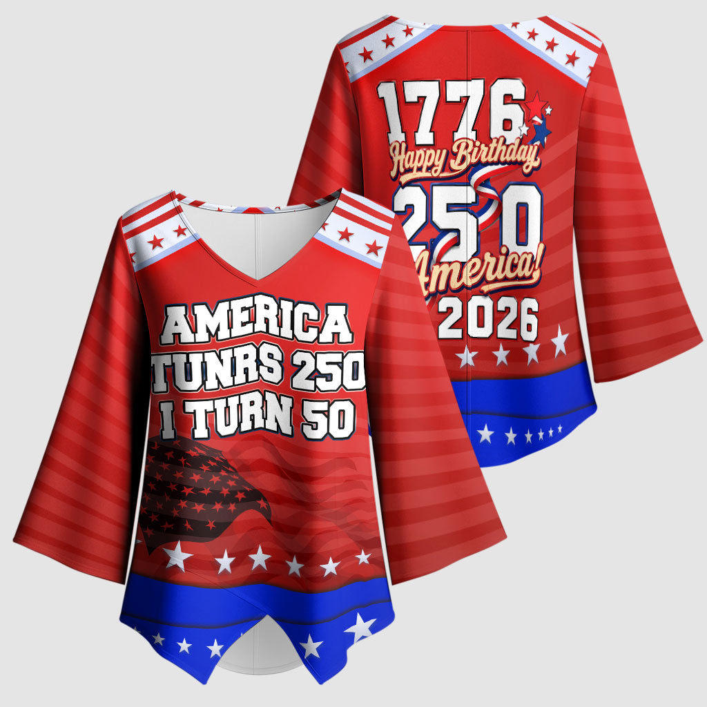 America Turns 250 I Turn 50 Kimono Sleeve Blouse Patriotic Eagle Flag Birthday Stars Stripes