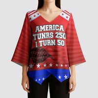 America Turns 250 I Turn 50 Kimono Sleeve Blouse Patriotic Eagle Flag Birthday Stars Stripes