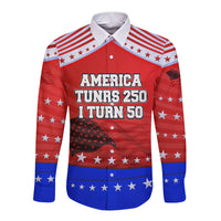 America Turns 250 I Turn 50 Long Sleeve Button Shirt Patriotic Eagle Flag Birthday Stars Stripes