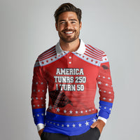 America Turns 250 I Turn 50 Long Sleeve Polo Shirt Patriotic Eagle Flag Birthday Stars Stripes