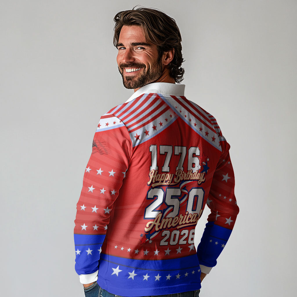 America Turns 250 I Turn 50 Long Sleeve Polo Shirt Patriotic Eagle Flag Birthday Stars Stripes
