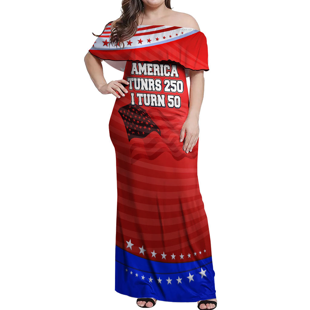 America Turns 250 I Turn 50 Off Shoulder Maxi Dress Patriotic Eagle Flag Birthday Stars Stripes