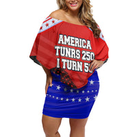 America Turns 250 I Turn 50 Off Shoulder Short Dress Patriotic Eagle Flag Birthday Stars Stripes