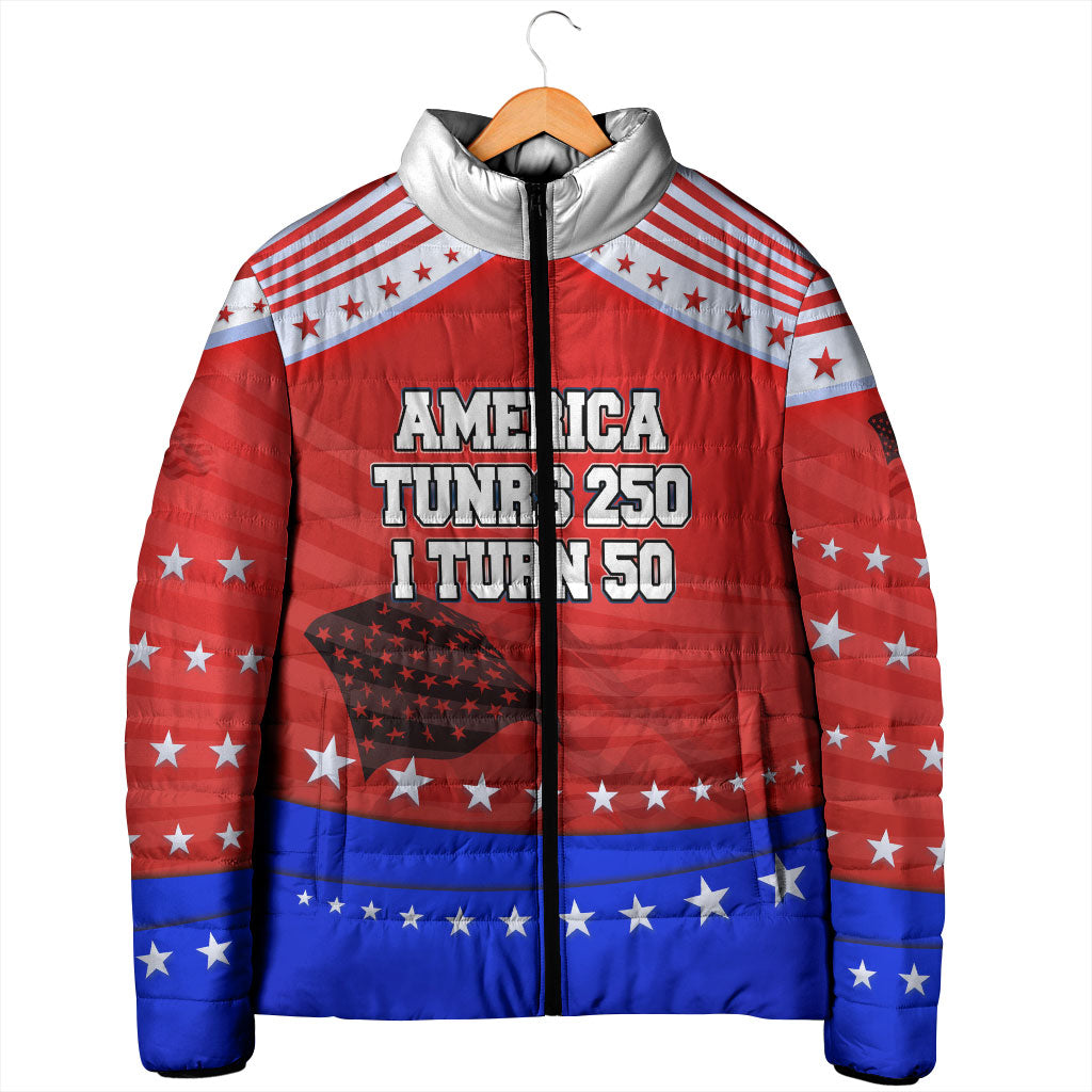 America Turns 250 I Turn 50 Padded Jacket Patriotic Eagle Flag Birthday Stars Stripes