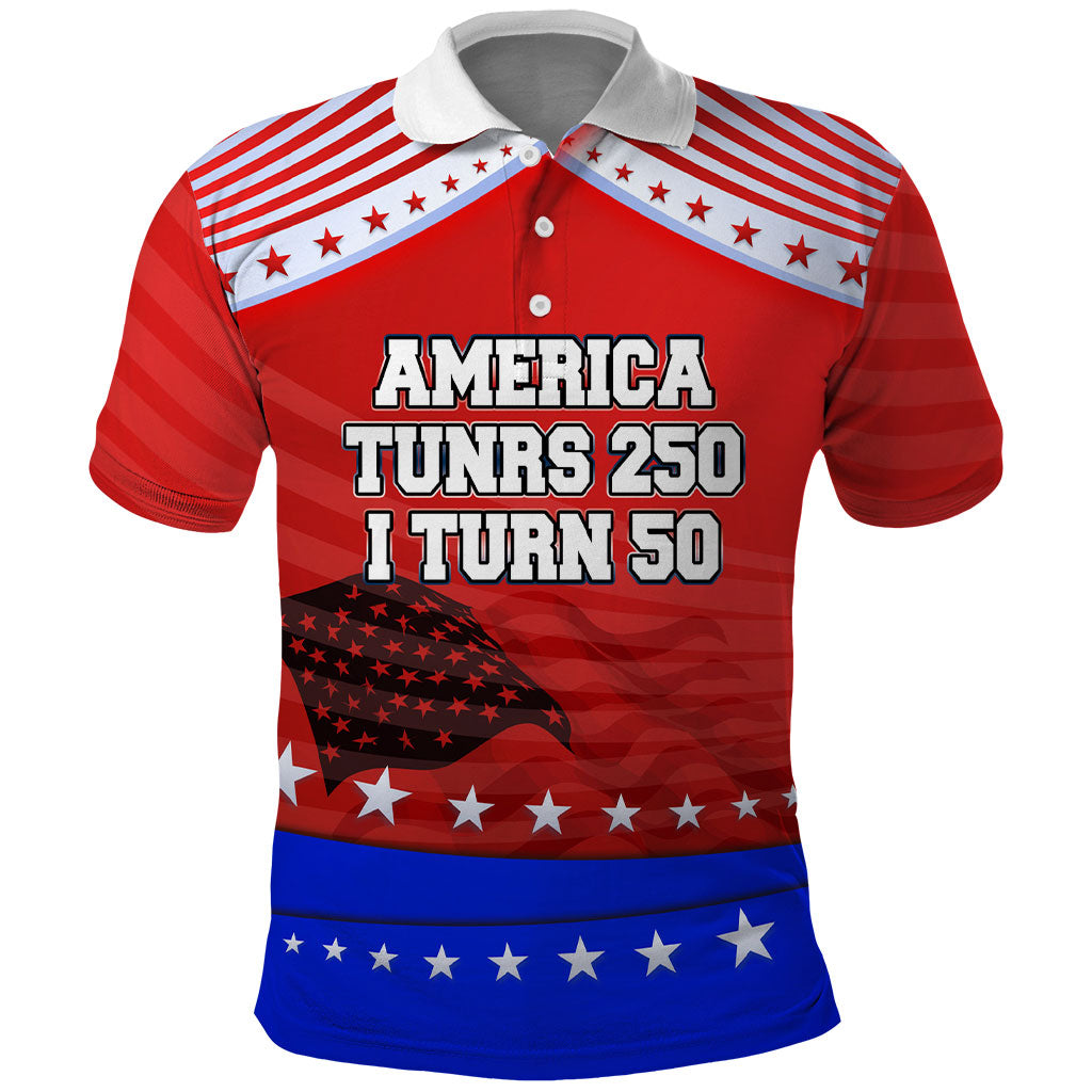 America Turns 250 I Turn 50 Polo Shirt Patriotic Eagle Flag Birthday Stars Stripes
