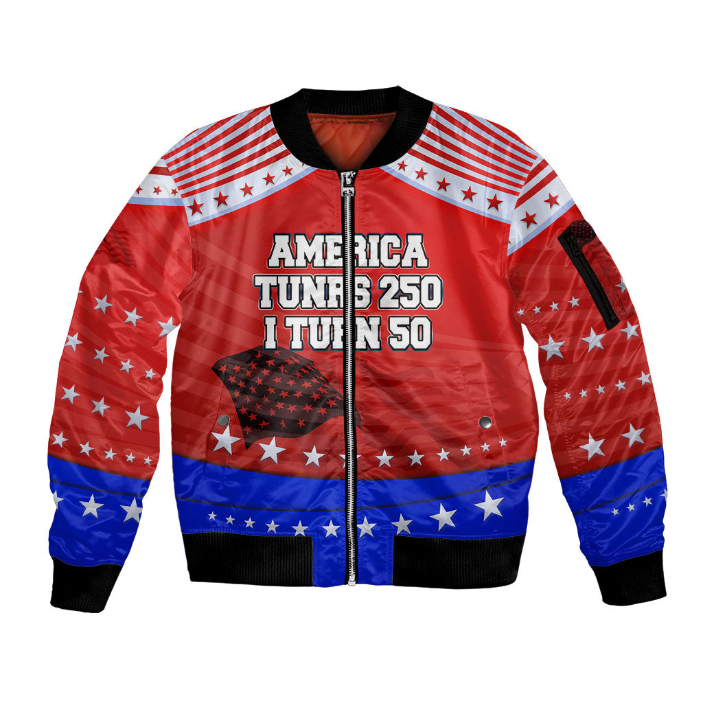 America Turns 250 I Turn 50 Sleeve Zip Bomber Jacket Patriotic Eagle Flag Birthday Stars Stripes