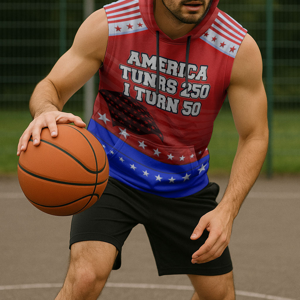 America Turns 250 I Turn 50 Sleeveless Hoodie Patriotic Eagle Flag Birthday Stars Stripes