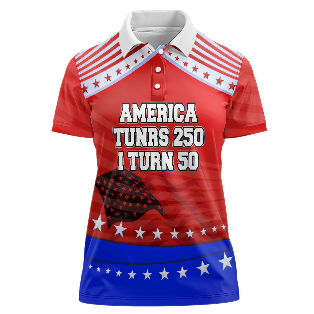 America Turns 250 I Turn 50 Women Polo Shirt Patriotic Eagle Flag Birthday Stars Stripes