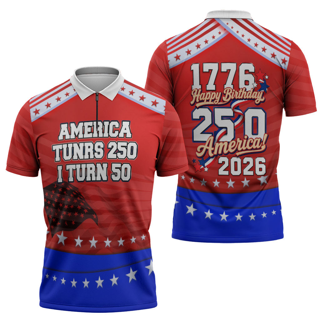 America Turns 250 I Turn 50 Zipper Polo Shirt Patriotic Eagle Flag Birthday Stars Stripes