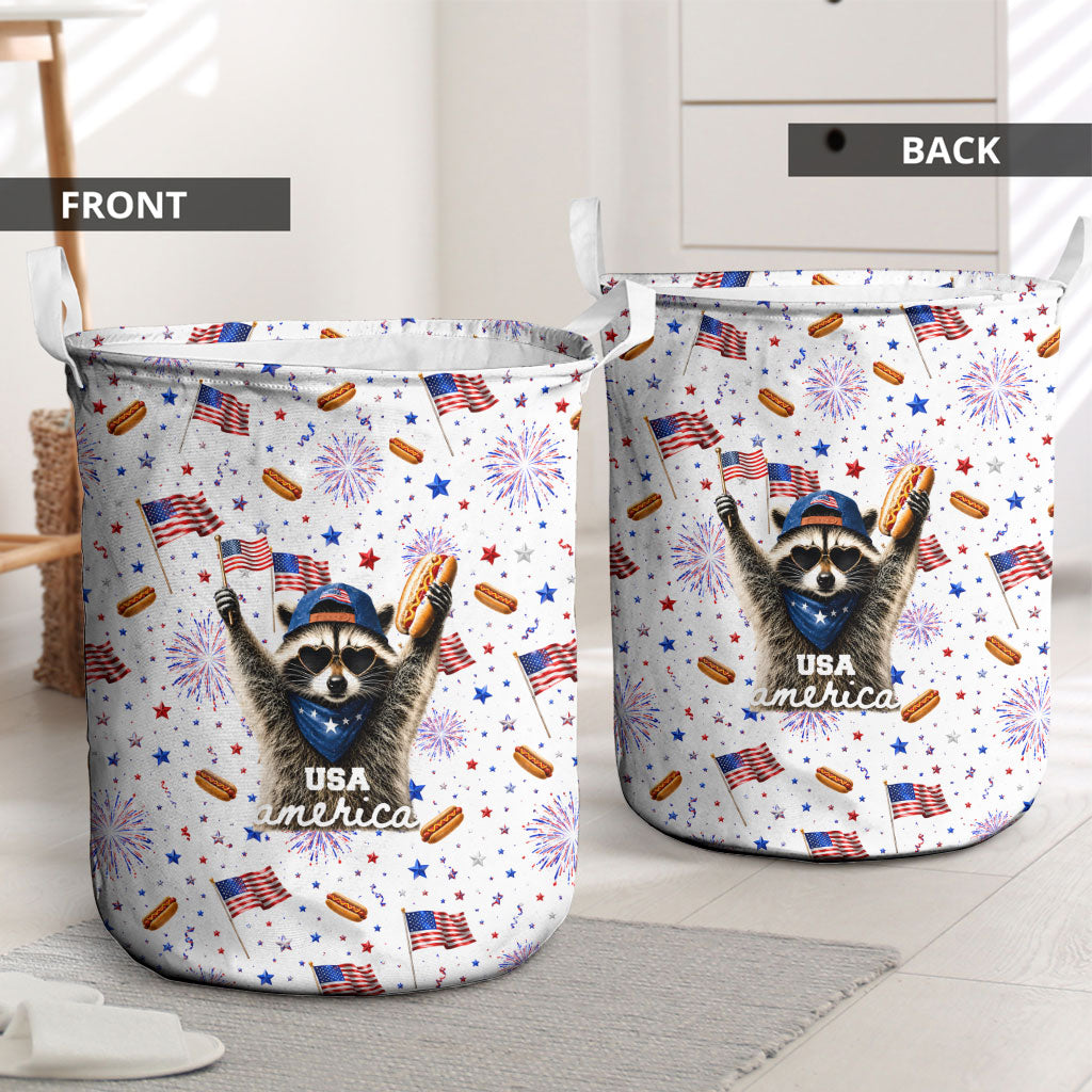USA America Raccoon Hot Dog 250 Years Laundry Basket 4th of July 1776-2026 Patriotic Fireworks