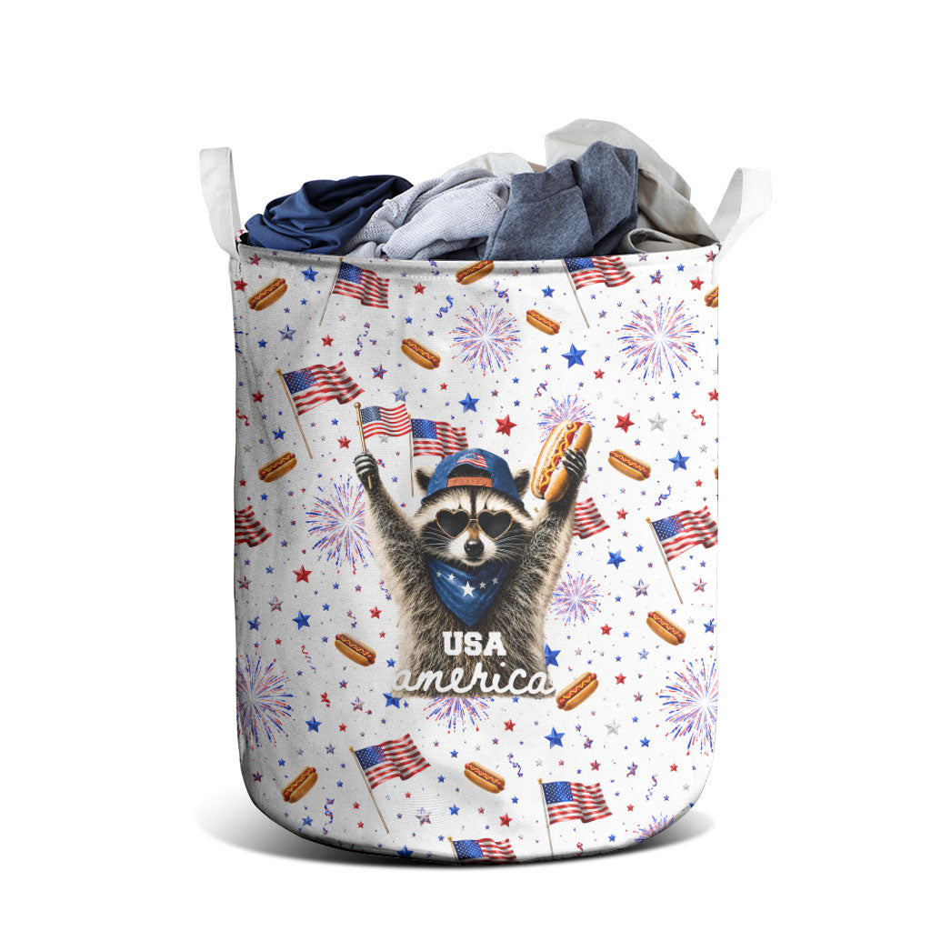 USA America Raccoon Hot Dog 250 Years Laundry Basket 4th of July 1776-2026 Patriotic Fireworks