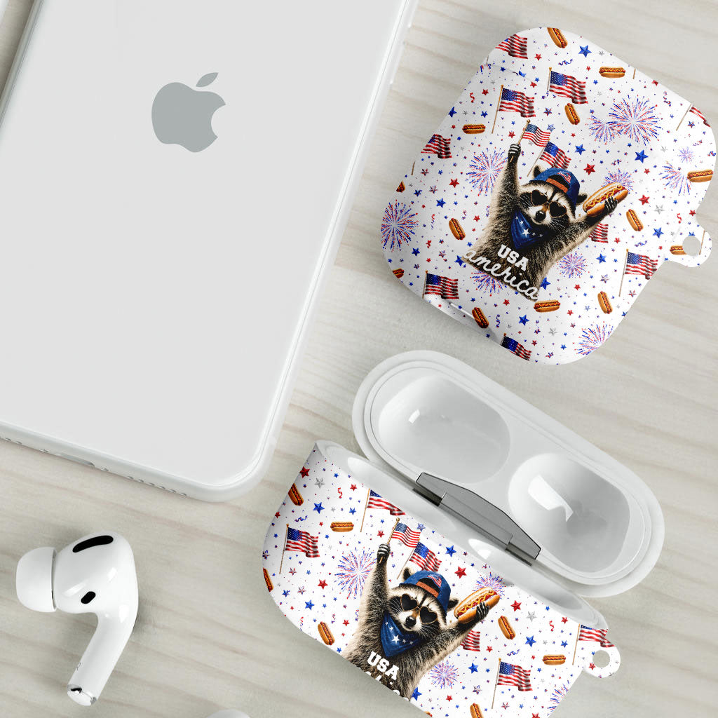 USA America Raccoon Hot Dog 250 Years AirPods Case 4th of July 1776-2026 Patriotic Fireworks