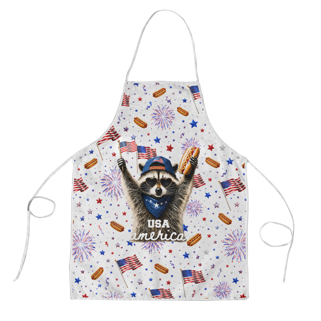USA America Raccoon Hot Dog 250 Years Apron 4th of July 1776-2026 Patriotic Fireworks