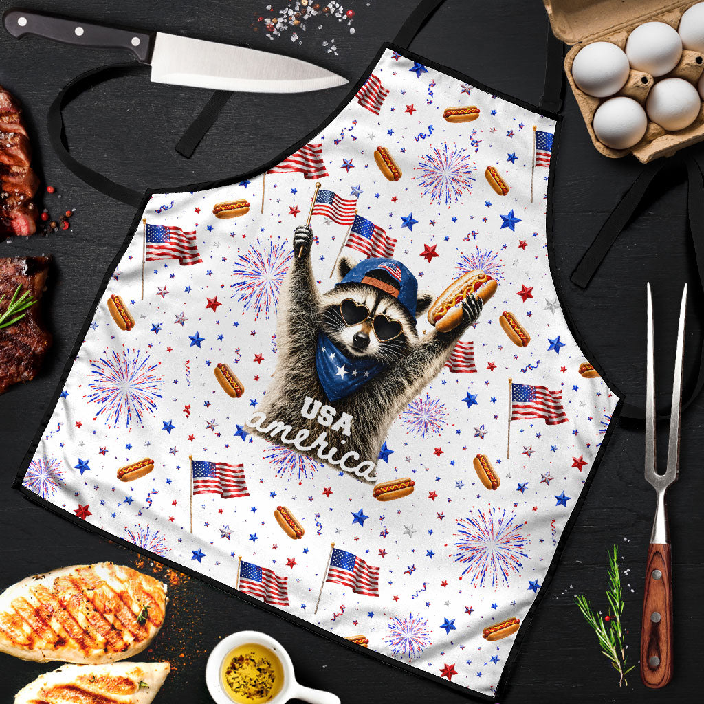 USA America Raccoon Hot Dog 250 Years Apron 4th of July 1776-2026 Patriotic Fireworks