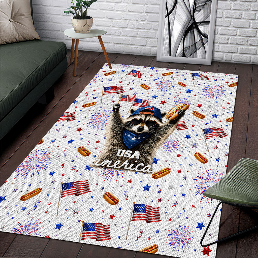 USA America Raccoon Hot Dog 250 Years Area Rug 4th of July 1776-2026 Patriotic Fireworks