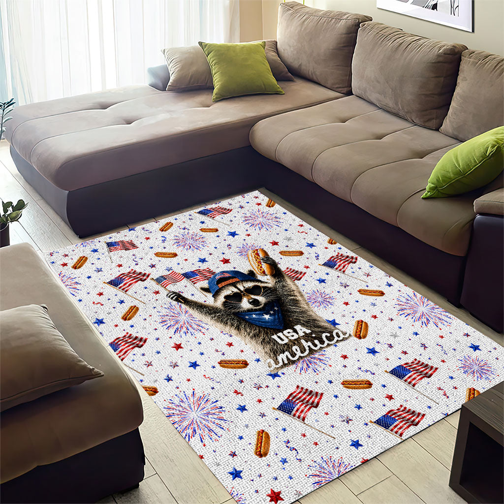USA America Raccoon Hot Dog 250 Years Area Rug 4th of July 1776-2026 Patriotic Fireworks