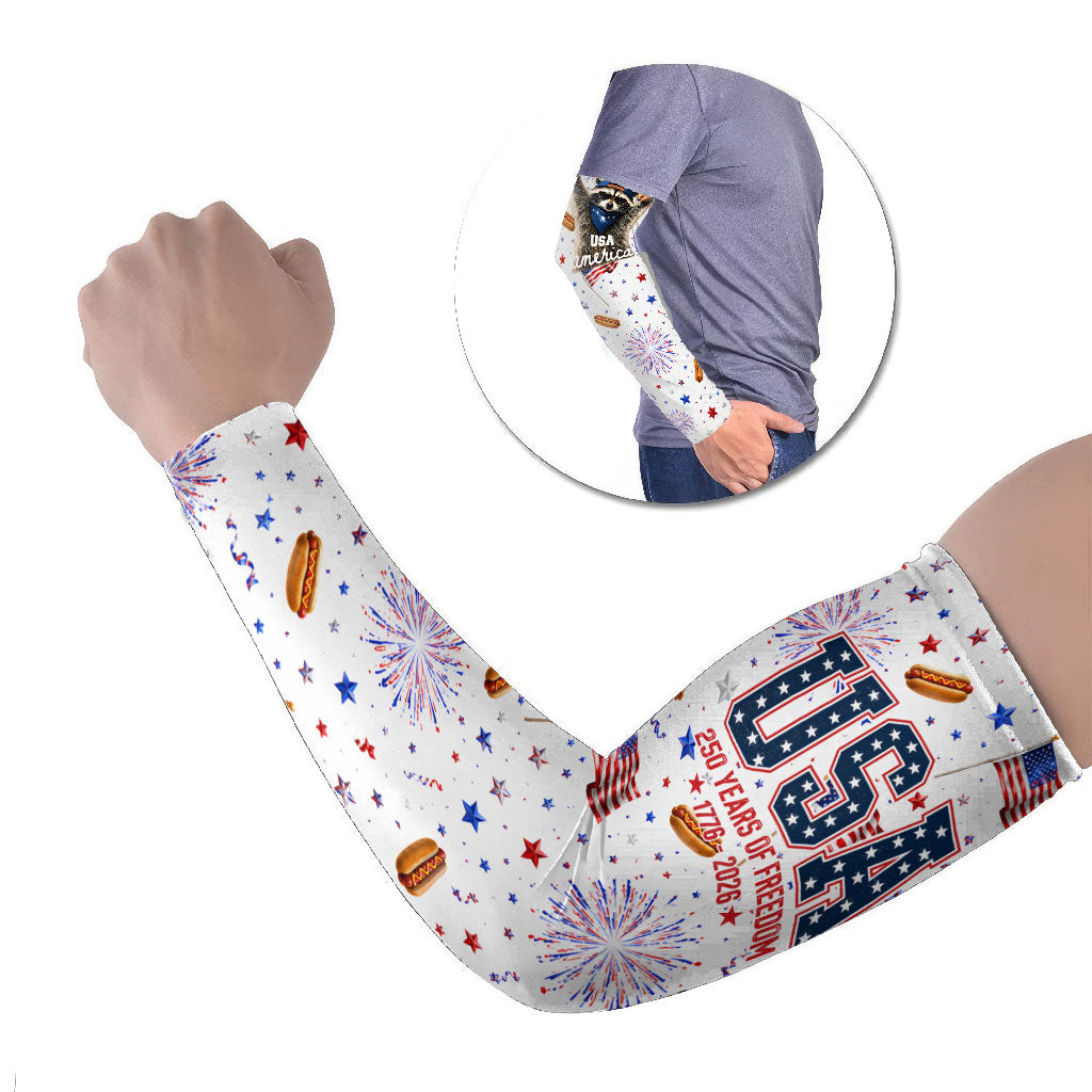 USA America Raccoon Hot Dog 250 Years Arm Sleeves 4th of July 1776-2026 Patriotic Fireworks